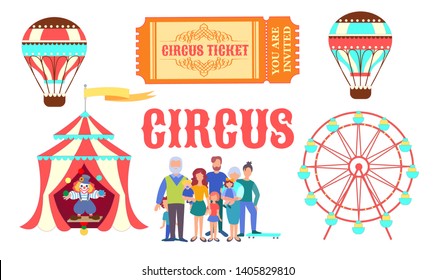 Set of symbols and objects for the poster visit the circus, big family in the circus, clown performance, circus tent, Ferris wheel and balloons. Vector illustration.