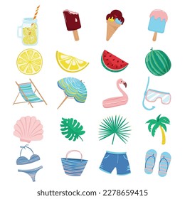 Set of symbols objects summer, vacation, rest, relaxation. Travel, spa, solarium, food, clothing, bathing, nature.