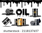 Set of symbols of oil industry. Gold and black barrels with oil drop label on spilled puddle of crude oil. Vector illustration isolated on white background