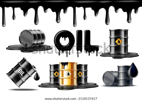 Set of symbols of oil industry. Gold\
and black barrels with oil drop label on spilled puddle of crude\
oil. Vector illustration isolated on white\
background