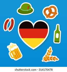 Set of symbols of Oktoberfest - traditional festival of beer. Flag of Germany in heart shape, bottle and glass of beer, spikes, green heat with feather, brezel and sausages. Flat vector stickers