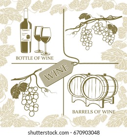 Set symbols on the theme of grapes, white wine and winemaking on a white background