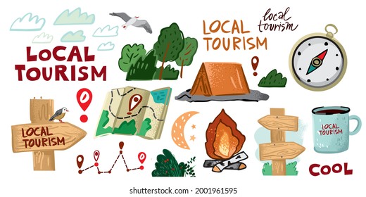 Set of symbols for outdoor travel, local tourism. hiking trips, children's camps. A collection of pointers, wooden arrows, a compass, a tent, a campfire, a map isolated in white. Vector illustration