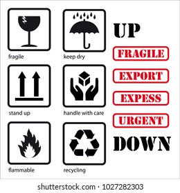 Set of symbols for packaging: fragile, keep dry, stand up, handle with care, flammable, recycling and words like tampons: UP, DOWN, FRAGILE, EXPORT, EXPRESS, URGENT.