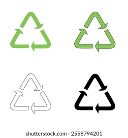 Set of symbols for packaging product design, recycling sign, green black and white recycled materials symbols on white background, ecology concept, set of green recycle icon, rotation arrow symbols