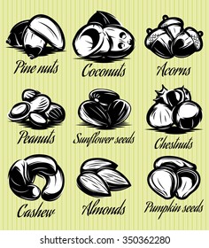 set of symbols patterns of different seeds, nuts, fruits