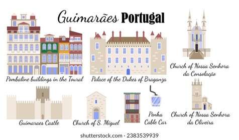 Set of symbols Guimarães Portugal. Architectural sights  of Guimarães, flat-style illustration, for banners, souvenir cards, printing on mugs and plates.