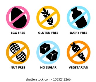Set Symbols In Prohibiting Colored Circle. Vector Icon Egg Free, Gluten, Dairy, Nut, No Sugar, Vegetarian. Illustration Isolated On White Background.
