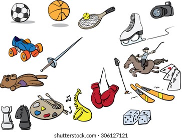 set of symbols related to hobbies: soccer, basketball, tennis, photography, ice skating, rollerskating, sword fighting, horse riding, card games, dice, toys, boxing, music playing, painting, chess