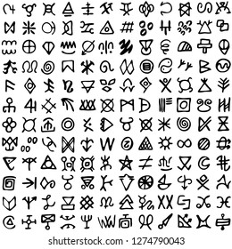 Set of symbols rune letters font. Ancient occult alphabet, Norse Scandinavian vikings like letters futhark, black ink isolated on white. Seamless pattern vector illustration