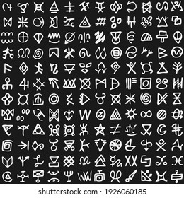 Set of symbols rune letters font. Ancient occult alphabet, Norse Scandinavian vikings like letters futhark, white ink isolated on black. Seamless pattern vector illustration