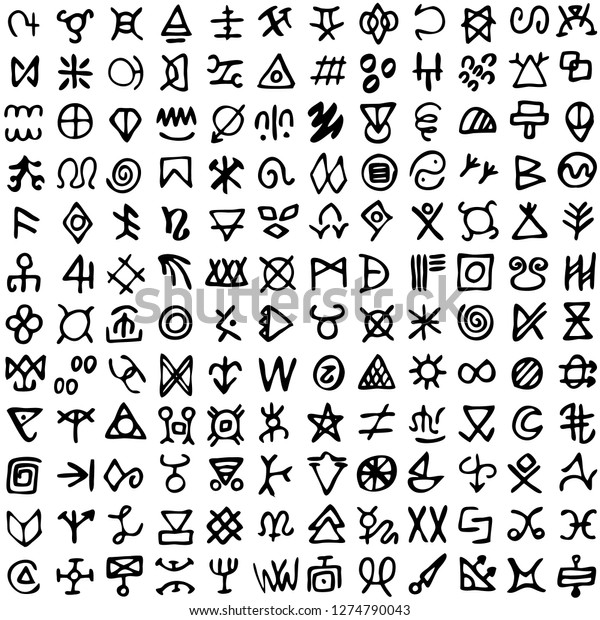 シンボルのセットが文字のフォントを実行します 古代のオカルトアルファベット 北欧のバイキングは 白い背景に文字のフターク 黒いインクのようです シームレスなパターンのベクター画像イラスト のベクター画像素材 ロイヤリティフリー