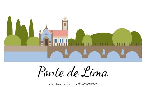 Eine Reihe von Symbolen und Sehenswürdigkeiten der portugiesischen Stadt Ponte de lima. Flache Illustration für Souvenirs und touristische Produkte. Städte im Norden Portugals.