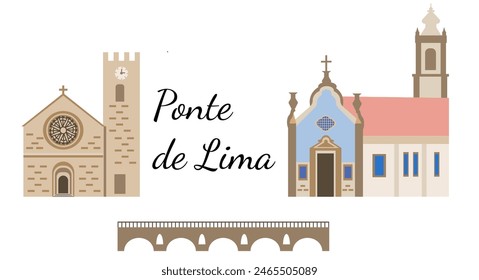 Eine Reihe von Symbolen und Sehenswürdigkeiten der portugiesischen Stadt Ponte de lima. Flache Illustration für Souvenirs und touristische Produkte. Städte im Norden Portugals.