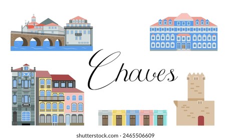 Set of symbols and sights of the Portuguese city Chaves. Flat-style illustration for souvenirs and tourist products. Northern cities of Portugal.