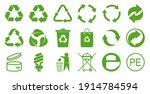 Set of symbols and signs for design of packaging products, information about the goods being transported and a sign of recycling, green symbols isolated on white background