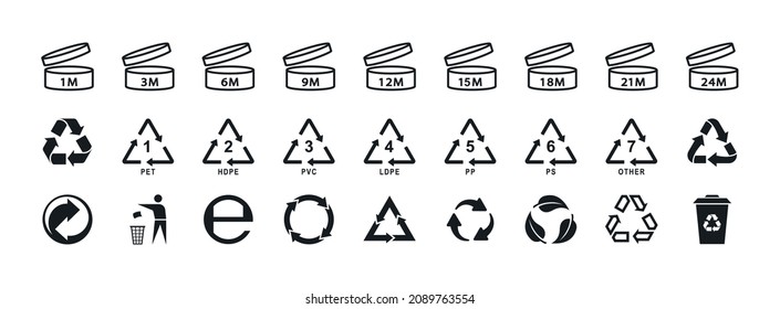 Set of symbols and signs for design of packaging products. Package signs, recycling icons and composition on white background. Information about the goods being transported and sign of recycling.