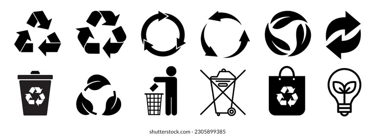 Set of symbols and signs for design of packaging products, information about the goods being transported and a sign of recycling, green symbols isolated on white background.