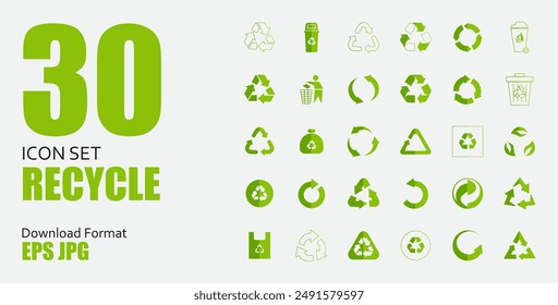 Set of symbols and signs for design of packaging products, information about the goods being transported and a sign of recycling, green symbols isolated on white background