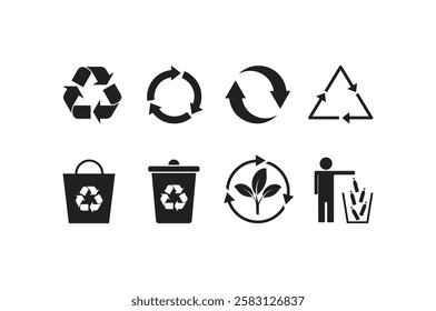 Set of symbols and signs for design of packaging products, information about the goods being transported and a sign of recycling, green symbols isolated on white background