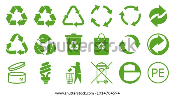 Set of symbols and\
signs for design of packaging products, information about the goods\
being transported and a sign of recycling, green symbols isolated\
on white background