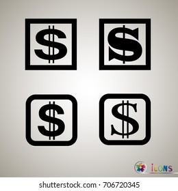 Set of symbols, signs, icon of the American dollar. In a circle and a square. Design Element