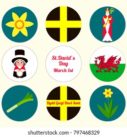 Set of symbols St. David's day - patron, daffodills, leek, flag. Vector illustration.