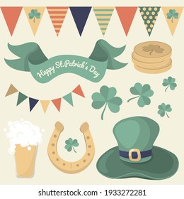 Set with symbols of St. Patrick's Day. Holiday garland,  horseshoe,  leaves of a lucky clover, coins, hat, beer, Vector illustrations isolated on background. Happy St. Patrick's Day