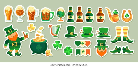 Set of symbols for St. Patricks Day. Cute Leprechaun, hat, shoes, clover shamrock, pot, gold coins, pipe, horseshoe, beer. Illustration for  March 17 St Patrick. Irish holiday. Vector stickers.