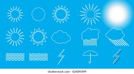 Set of symbols: Sun, Clouds, Thunderstorm, Umbrella. Vector Illustration. EPS10