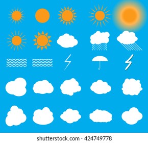 Set of symbols: Sun, Clouds, Thunderstorm, Umbrella. Vector Illustration. EPS10