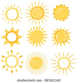 Set of symbols of the sun. Hand drawn vector set of different suns icons isolated on white. Cute vector set of SUN icons. Set of Different Hand Drawn Sun Sketch, Vector Illustration