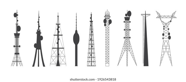 Set of symbols of telecommunication wireless connection towers, flat vector illustration isolated on white background. Satellite connection and transmission towers.