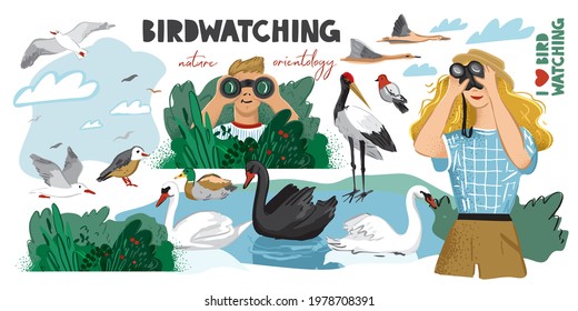 Set of symbols for trips, local tourism, summer travel, camping. Lake with swans and flying ducks. A man and a woman look through binoculars and watch the birds. Birdwatching. Vector illustration