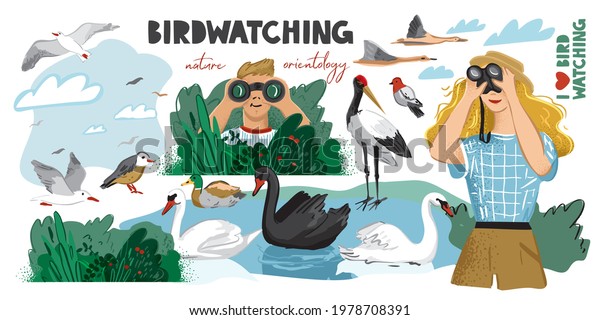 Set of symbols for trips, local tourism,\
summer travel, camping. Lake with swans and flying ducks. A man and\
a woman look through binoculars and watch the birds. Birdwatching.\
Vector illustration