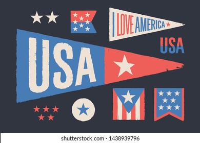 Establezca los símbolos de Estados Unidos. Bandera retro-gráfica vintage, pendiente, estrella, signo, símbolos de Estados Unidos. Diseño de una vieja escuela para el Día de la Independencia, 4 de julio en Estados Unidos de América. Ilustración vectorial