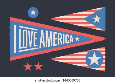 Set symbols USA. Vintage retro graphic flag, pennant, star, sign, symbols of USA. Oold school design for Independence Day, July 4th in United States of America. Vector Illustration