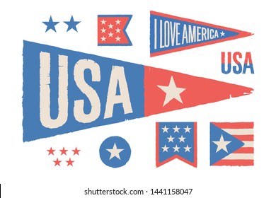 Set symbols USA. Vintage retro graphic flag, pennant, star, sign, symbols of USA. Oold school design for Independence Day, July 4th in United States of America. Vector Illustration