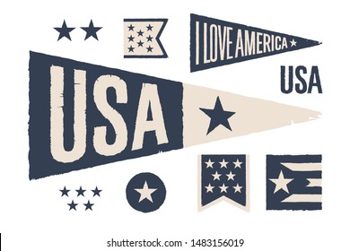 Set symbols USA. Vintage retro graphic flag, pennant, star, sign, symbols of USA. Oold school design for Independence Day, July 4th in United States of America. Vector Illustration