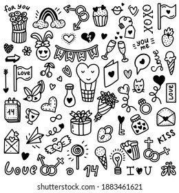  Set symbols for Valentines Day. Vector illustration in doodle style. Design for Valentines,wedding, Greeting Cards