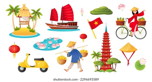 Set of symbols of Vietnam. Cartoon illustrations of people, rice terraces, Tran Quoc Pagoda, lotus lake, a scooter ets. isolated on a white background. Vector 10 EPS.