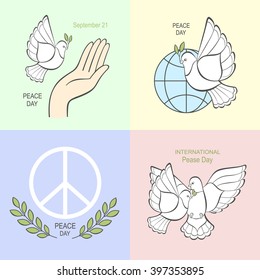 Set symbols with a white dove and olive branch for international day  world. Vector art isolated on background.