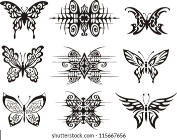 Set of symmetric butterfly tattoos. EPS vector illustrations.