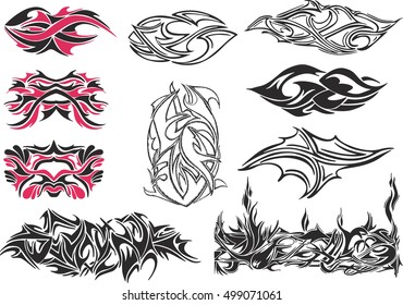 Set of symmetric and irregular black and red spiny ornaments and black and white tribal tattoos
