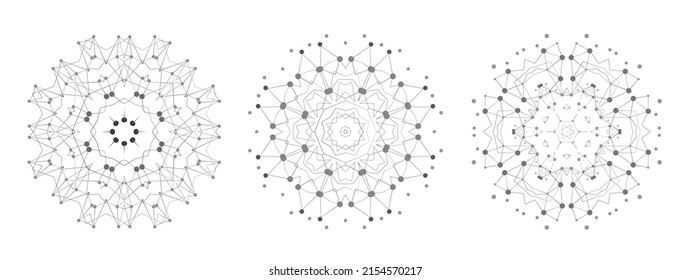Set of Symmetric Lattice Shape, Molecular Structure with Thin Lines and Dots. Mandala. Fractal.