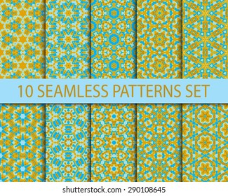 Set of symmetric seamless patterns. Ten unrepeatable mosaic ornaments with swatch for filling.