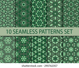 Set of symmetric seamless patterns. Ten modern indian ornaments with swatch for filling.