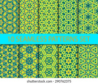 Set of symmetric seamless patterns. Ten modern indian ornaments with swatch for filling.