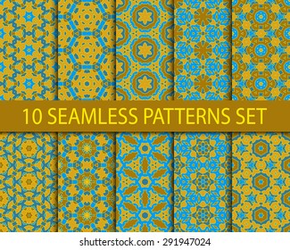 Set of symmetric seamless patterns. Ten modern asian ornaments with swatch for filling.