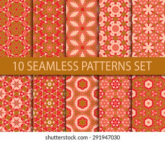 Set of symmetric seamless patterns. Ten modern asian ornaments with swatch for filling.